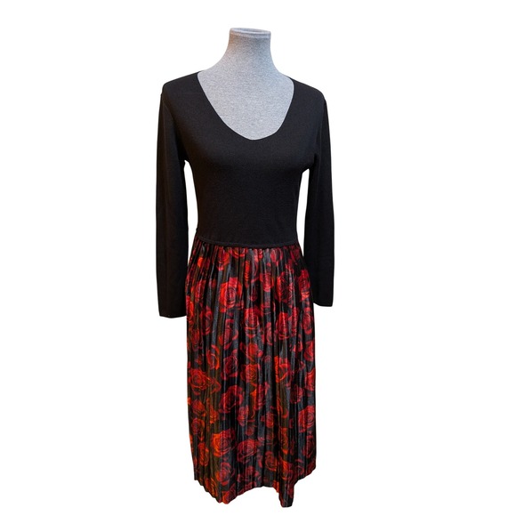 Whimsigoth Holiday Party Fairy Sweet Nina Leonard Red Rose Pleated Midi M Dress - Picture 2 of 11